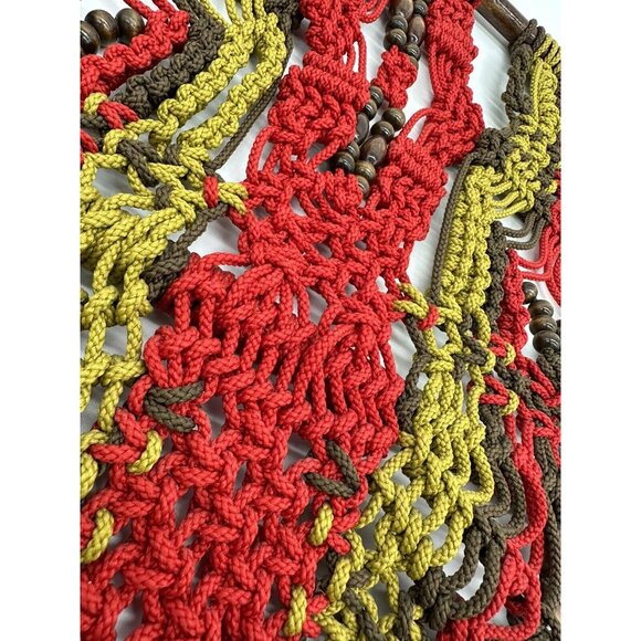 Macrame Wall Hanging Boho Wood Rod Green Red Brown Beads Striped Rope Art Nylon - Picture 3 of 7